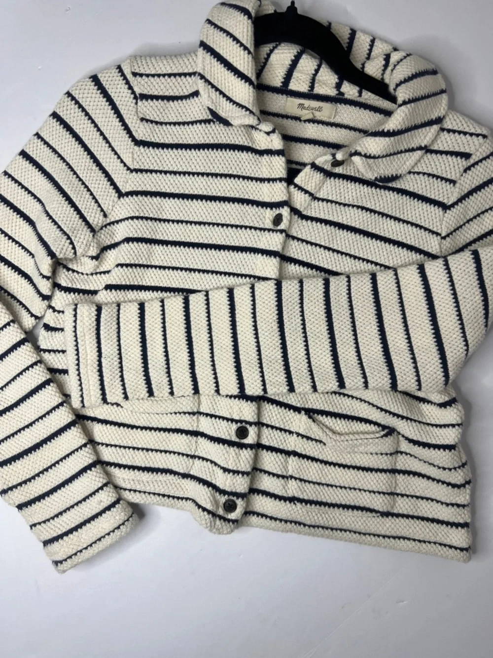 Women’s Madewell Cream and Navy Striped Shawl Collar Cardigan XS - Picture 5 of 8